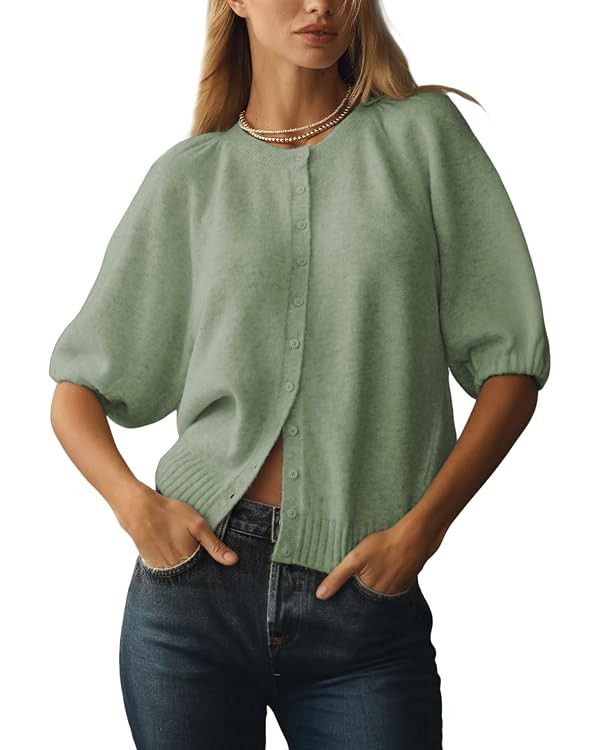 Women's Casual Short Puff Sleeves Crewneck Cardigan Button Down Knit Sweater Open Front Jumper | Amazon (US)