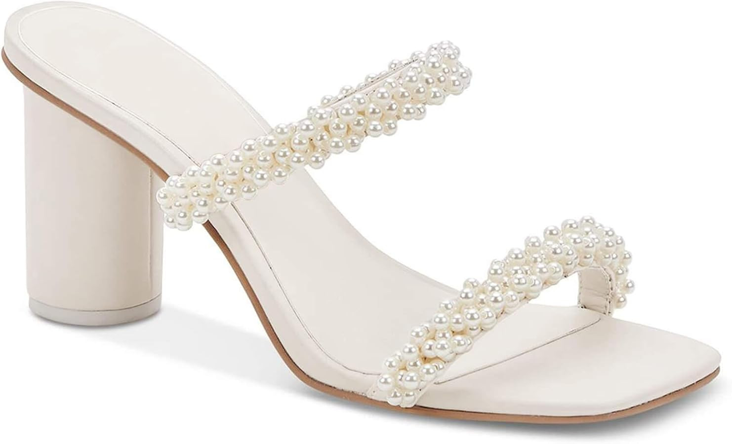 Womens Chunky Heeled Sandals Pearl Strappy Open Square Toe Slip-on Block Heels Backless Mules Sho... | Amazon (US)