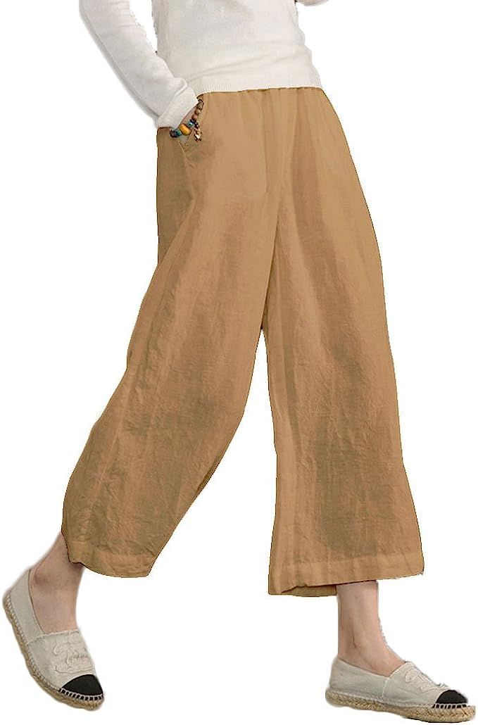 Ecupper Womens Casual Loose Elastic Waist Cotton Trouser Cropped Wide Leg Pants | Amazon (US)