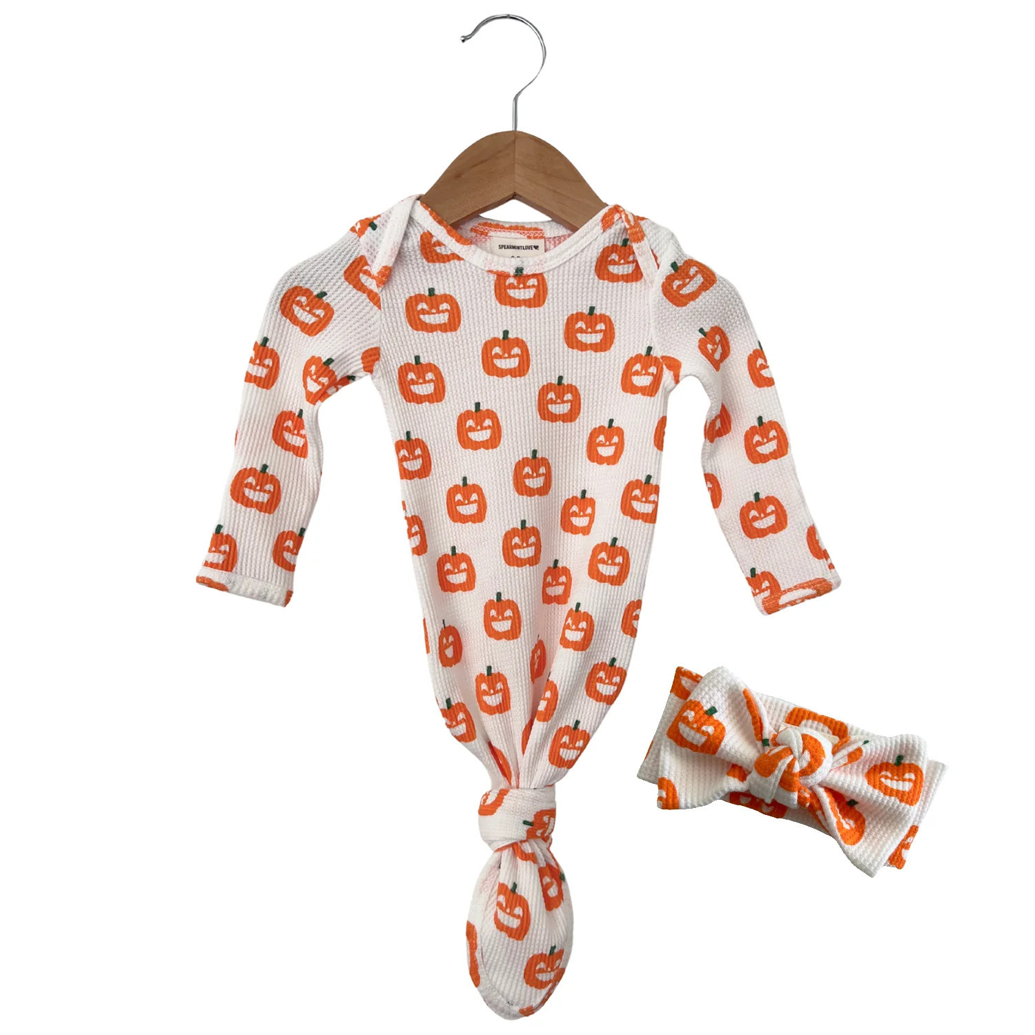 Organic Waffle Knotted Gown & Bow Set, Jack-O-Lantern | SpearmintLOVE
