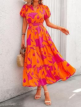MASCOMODA Summer Maxi Dress for Women 2024 Casual V Neck Puff Short Sleeve Smocked Ruffle Flowy B... | Amazon (US)