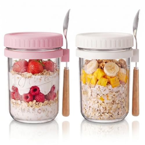 16oz - 2 Pack Overnight Oats Jars with Lids and Spoon, Overnight Oats Container with Lids, Airtigh Oatmeal Containers with Measurement Marks, Wide Mouth Mason Jars for Salad, Cereal - Pink & White | Amazon (US)