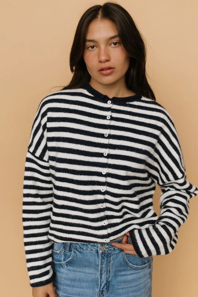Piper Cardigan in Dark Navy Pinstripe | Henly