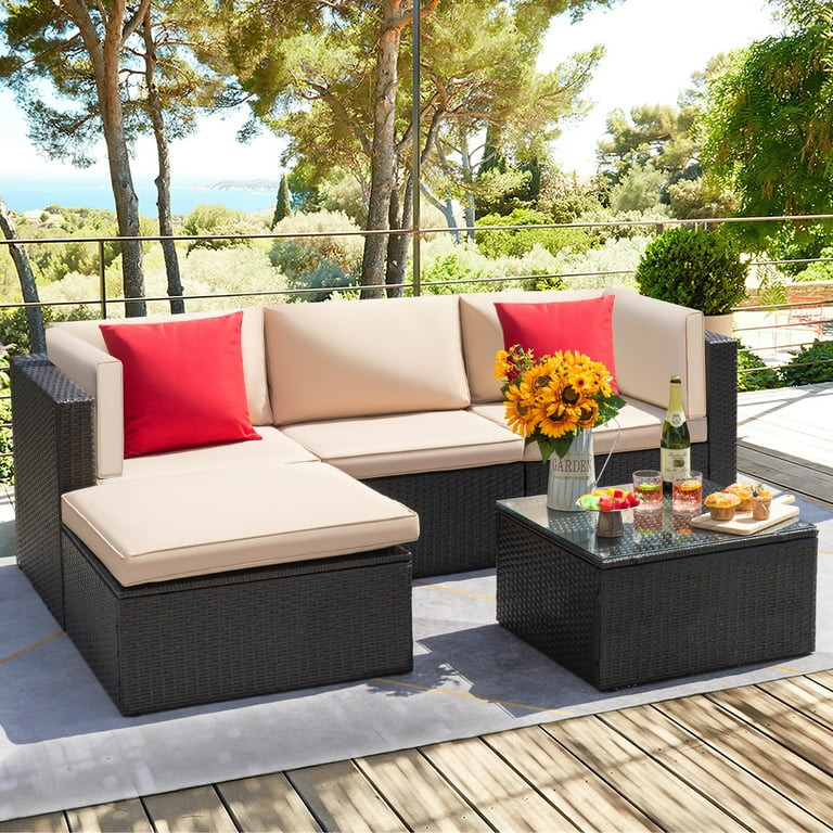 Devoko 5 Pieces Patio Sectional Set Outdoor Wicker Rattan Conversation Sofa, Beige - Walmart.com | Walmart (US)