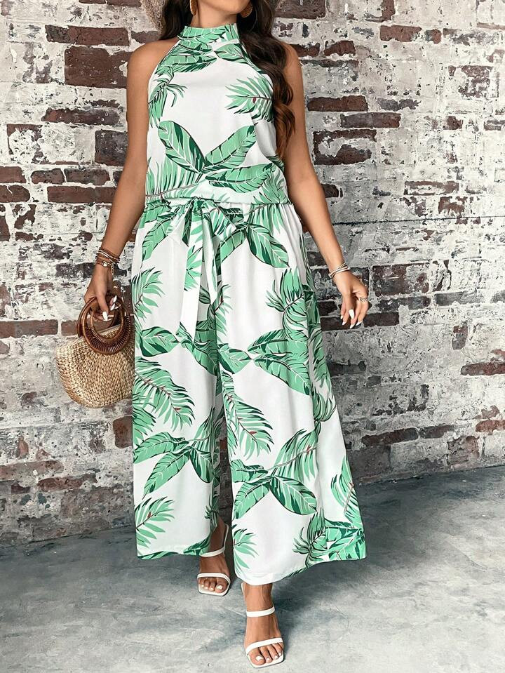 SHEIN VCAY Plus Tropical Print Halter Top & Wide Leg Pants | SHEIN