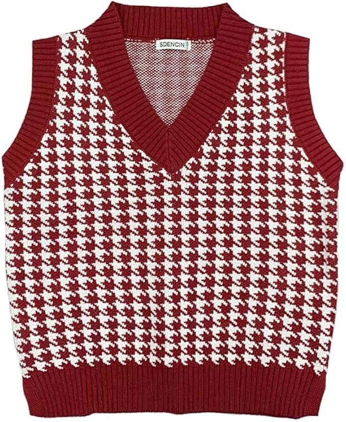 Sdencin Women Houndstooth Pattern Knit Sweater Vest Sleeveless Loose V-Neck 90s Waistcoat Pullove... | Amazon (US)