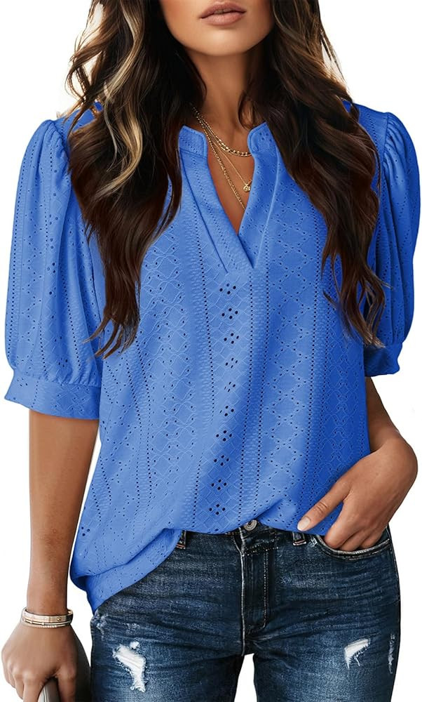 Dokotoo Womens Summer Business Casual Blouses V Neck Short Sleeve Shirts Eyelet Cute Lace Tops | Amazon (US)