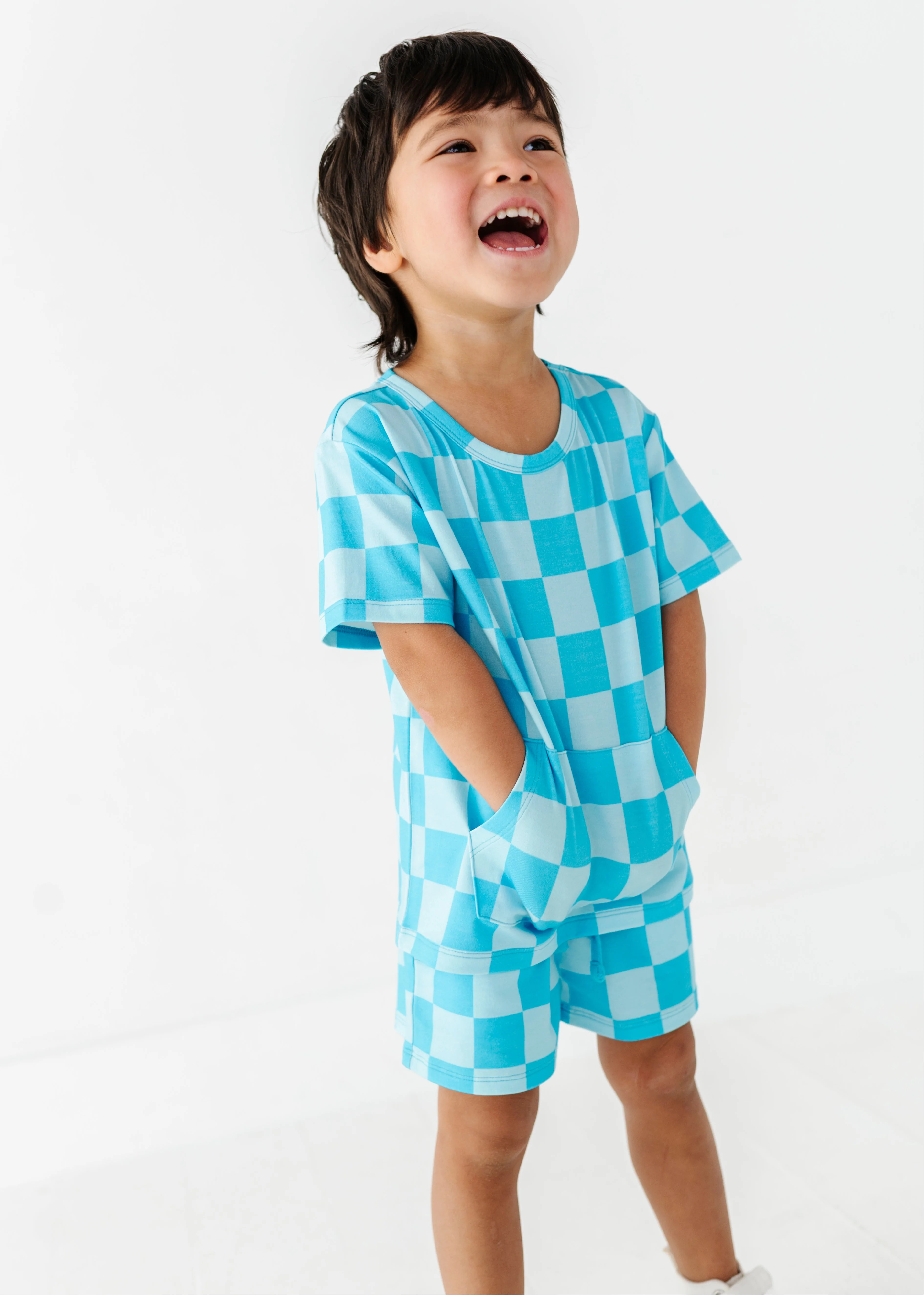 Bamboo and Cotton Blue Checker Print | Kids Pocket Tee Set | Birdie Bean