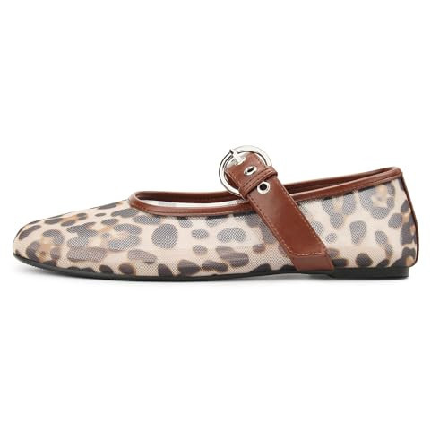 Migpuel Women's Leopard Mesh Ballet Flats, Round Toe Buckle Flats, Slip On, Comfortable, Casual Office Shoes, Size 6.5, Medium Width, Low Heel, All Seasons, Animal Print, Leopard Color | Amazon (US)