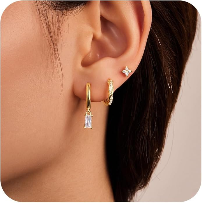 Gold Hoop Earrings Set for Women, 14K Small Huggie Earrings for Multiple Piercing Hypoallergenic ... | Amazon (US)