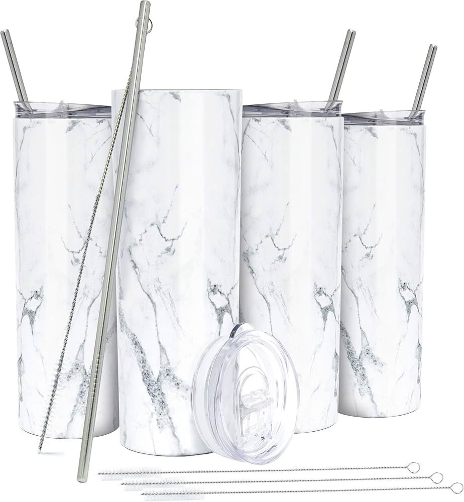 SKINNY TUMBLERS (4 pack) 20oz Stainless Steel Double Wall Insulated Tumblers with Lids and Straws |  | Amazon (US)