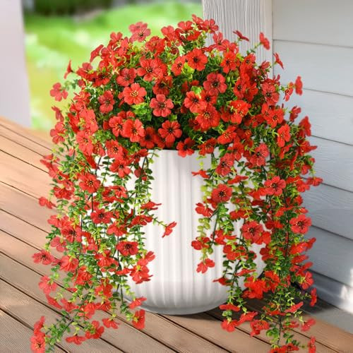 Hommyea Fake Artificial Hanging Flowers for Outdoors, 2 Pcs Fake Hanging Plant Spring Summer Decor, UV Resistant No Fade Faux Silk Daisy Flower for Front Door Porch Planter Patio Yard Garden(Red) | Amazon (US)