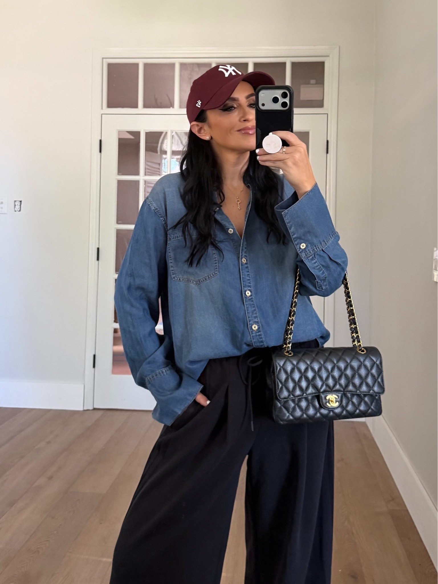Adidas wide leg pants wearing size small. Alice & Olivia Finely oversized denim button down.