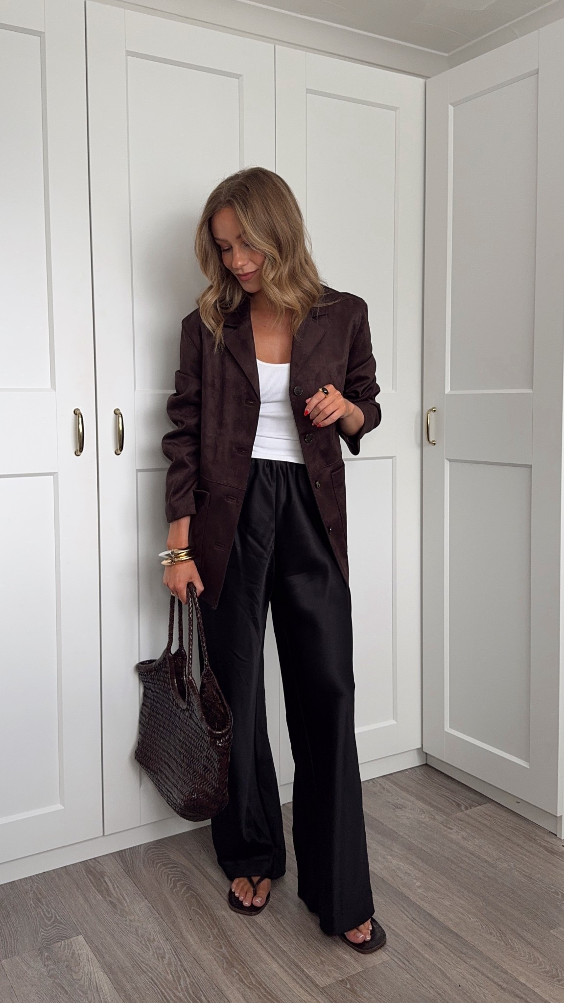 Faux suede jacket, suede blazer, chocolate brown blazer, autumn outfit, silk trousers, satin trousers, white tank, flip flops, leather weave bag

#LTKuk #LTKautumn #LTKstyletip