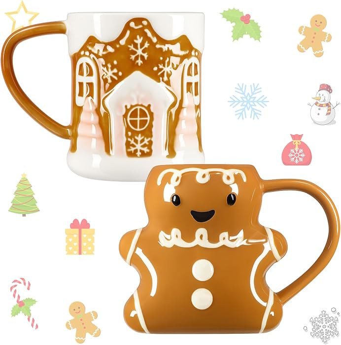 LemonRoad 2 Pcs 14 oz Christmas Cute Coffee Mugs Gingerbread Man and House Ceramic Novelty Cerami... | Amazon (US)