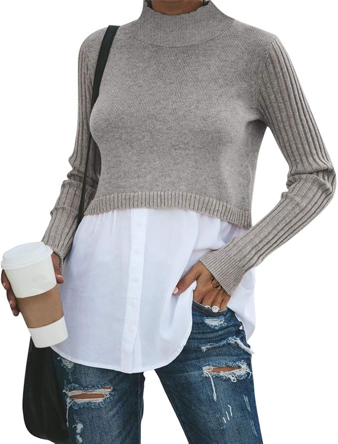 EXLURA Women's Patchwork Shirt Office Shirt Ribbed Sleeve Button Down Shirt Hem 2 in 1 Pullover B... | Amazon (US)