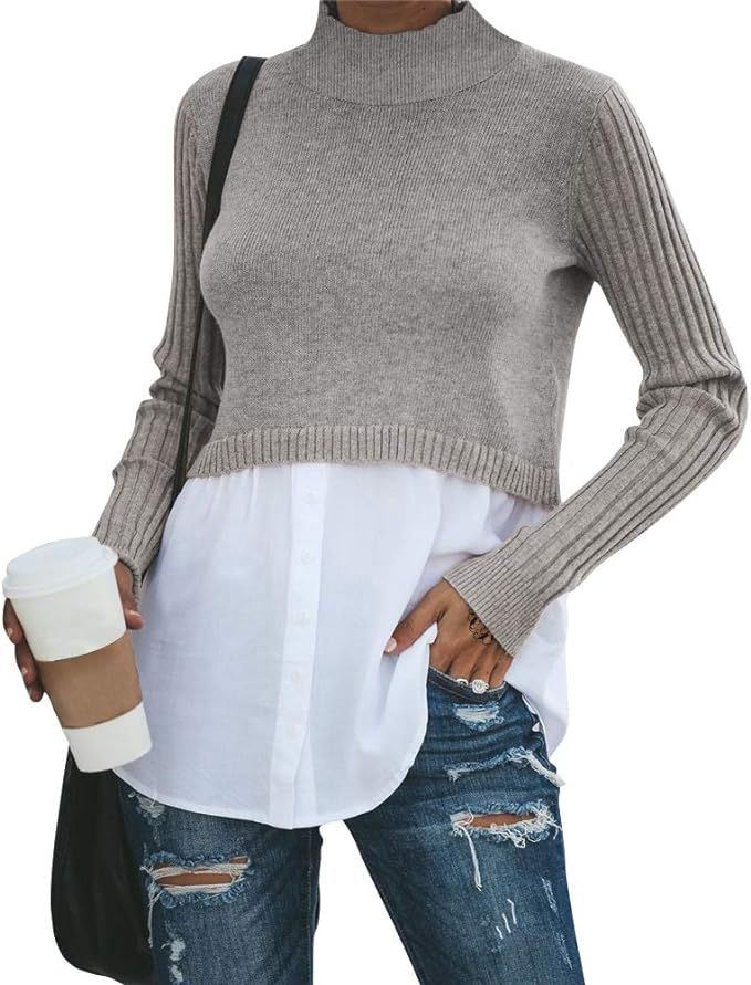 EXLURA Women's Patchwork Shirt Office Shirt Ribbed Sleeve Button Down Shirt Hem 2 in 1 Pullover B... | Amazon (US)