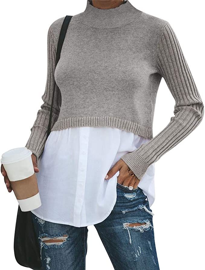 EXLURA Women's Patchwork Shirt Office Shirt Ribbed Sleeve Button Down Shirt Hem 2 in 1 Pullover B... | Amazon (US)