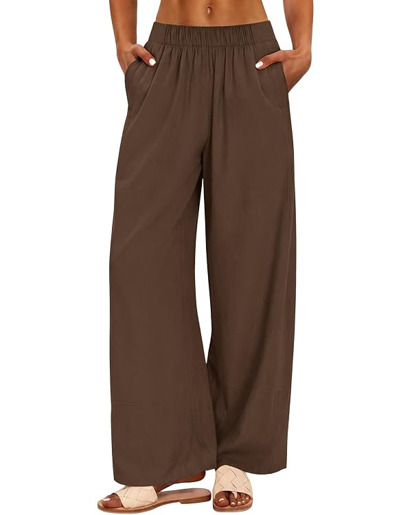 AKEWEI Women's Linen Pants Summer Casual High Waisted Wide Leg Pants Elastic Waist Cotton Trouser... | Amazon (US)