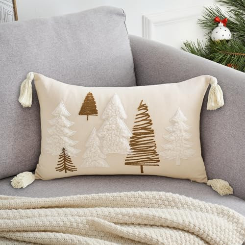 TAJWE Christmas Pillow Cover 12x20 Inch Soft Cute Pellet Embroidery Trees Decorative Pillowcase with Tassel Farmhouse Xmas Winter Holiday Lumbar Cushion Case for Sofa Couch Home Decor | Amazon (US)
