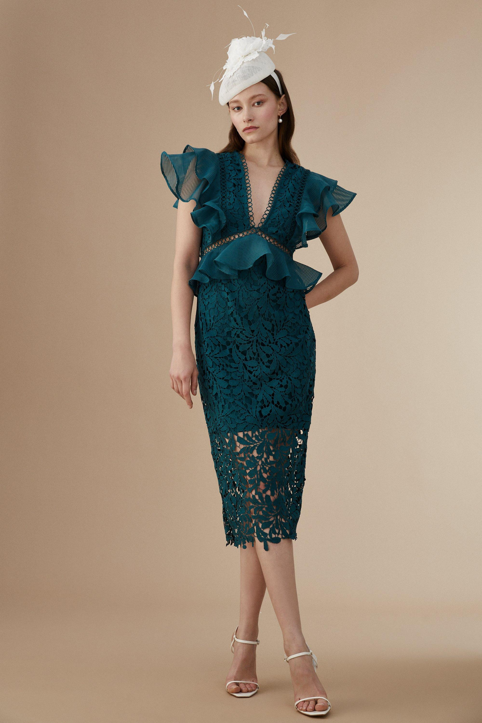 Lisa Tan Organza Lace Mix Frill Sleeve Pencil Dress | Coast UK & IE