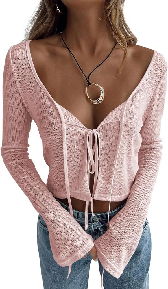 Tankaneo Women's Bell Sleeve Crop Tops Tie Front Scoop Neck Long Sleeve Blouses Crochet Sheer Kni... | Amazon (US)