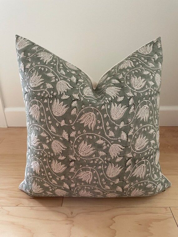 Designer Pillow Cover  Sage  Hand Blocked Floral | Etsy | Etsy (US)