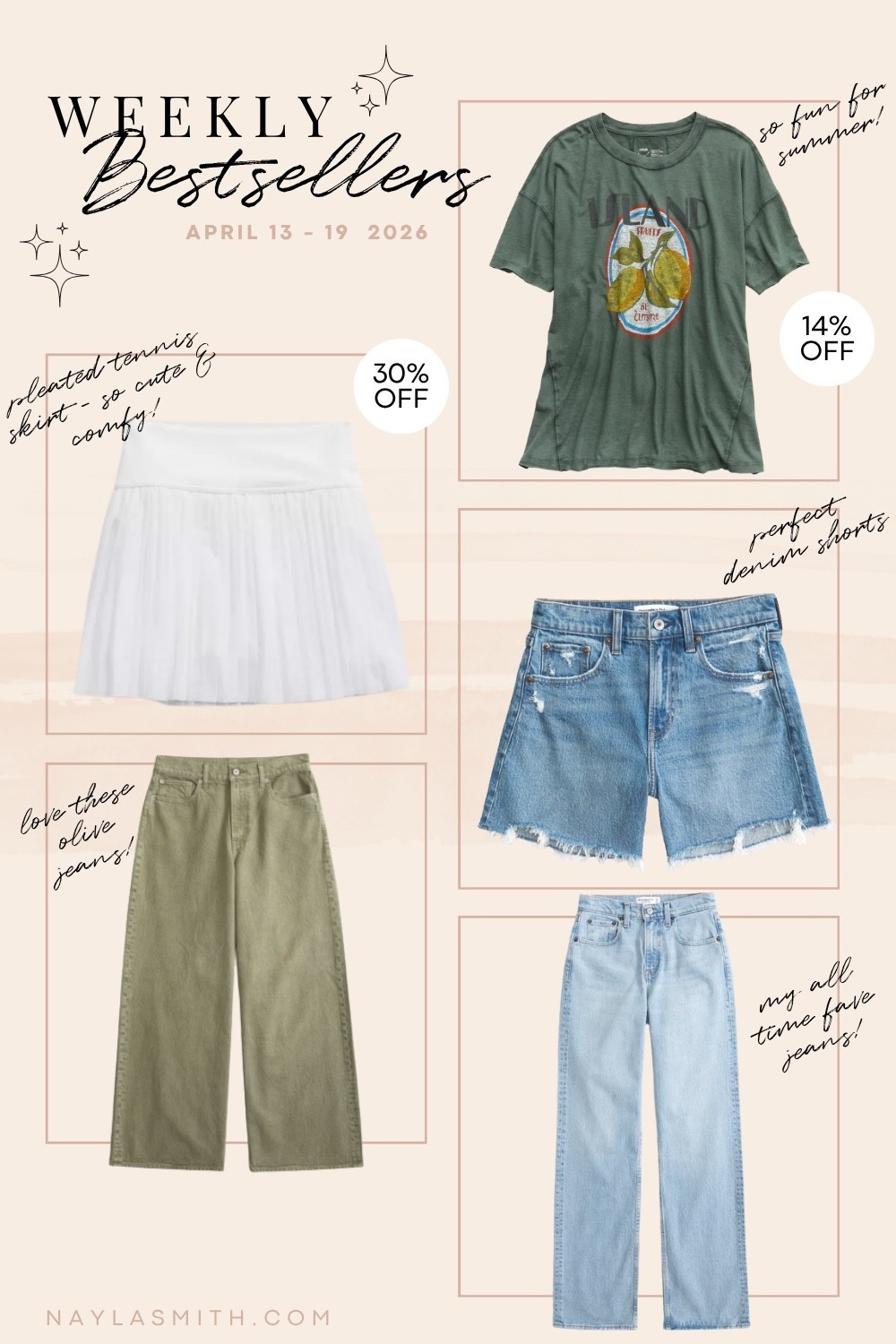Weekly Bestsellers! Fruit graphic tee, white pleated tennis skirt, denim shorts, olive jeans, my all time fave relaxed jeans. Everything fits TTS!

#LTKstyletip #LTKjeans #LTKsale