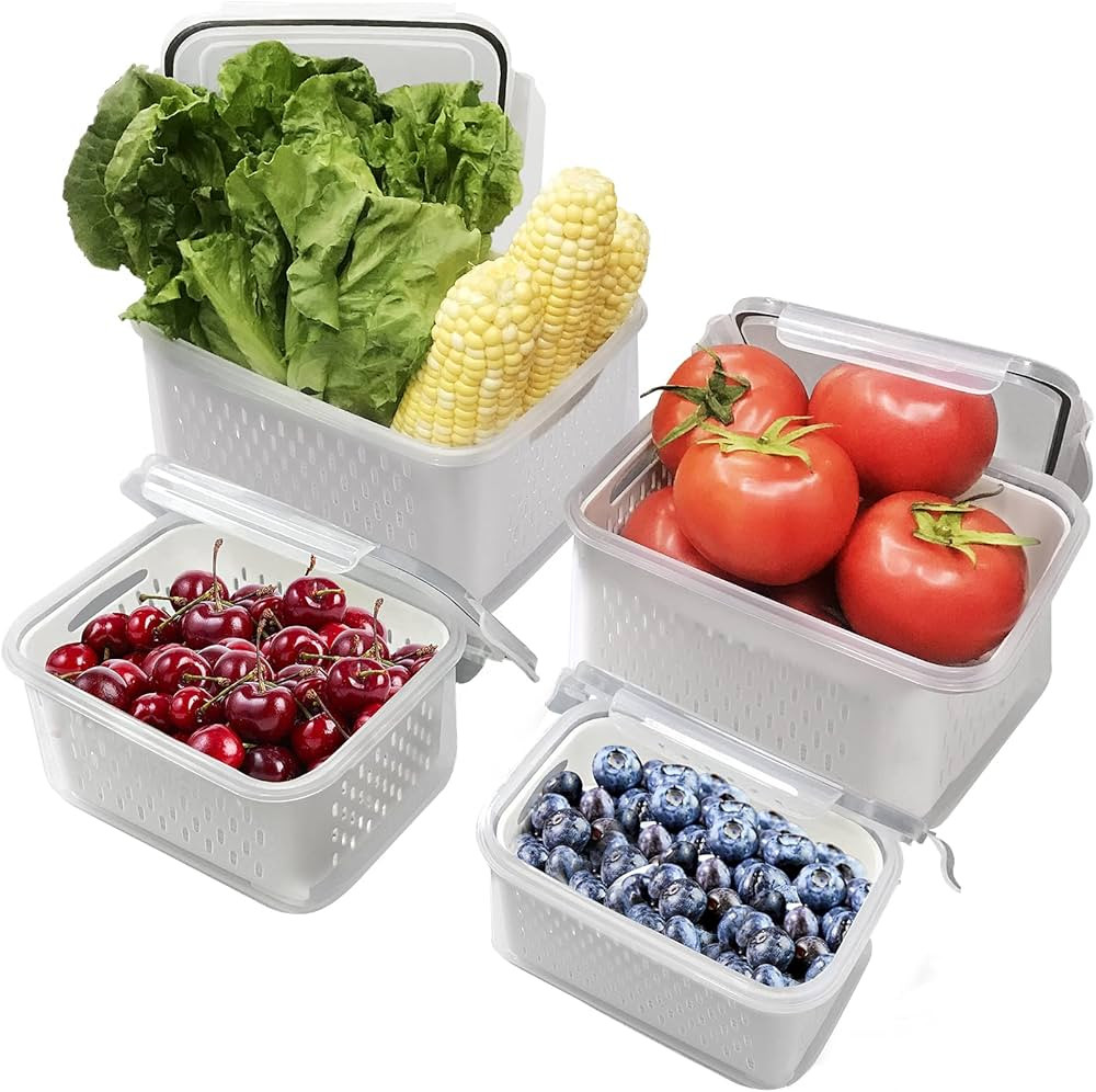 CD HOME 4 Pack Fruit Vegetable Storage for Fridge Saver Containers with Lid & Colander and stacka... | Amazon (US)