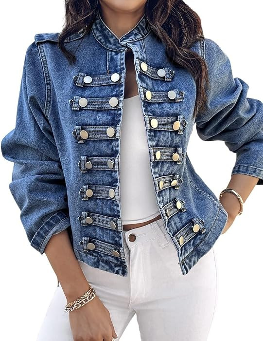 CHICME Women's Military Denim Jacket Long Sleeve Jeans Jacket     Stand Collar, Decorative Double... | Amazon (US)