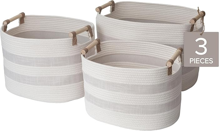 RGI Home Storage Baskets for Organizing, Textured Linen and Fabric Rope, Set of 3 Oval Decorative... | Amazon (US)