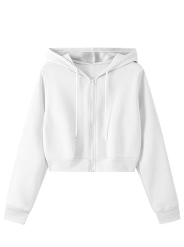 Remidoo Women's Cropped Zip Up Hoodie Crop Top Jacket Long Sleeve Hooded Sweatshirt White Small | Amazon (US)