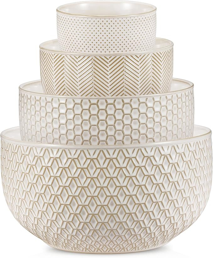 KooK Ceramic Mixing Bowls, Nesting Set of 4, Embossed Kitchen Dishware, Prep, Serving, Gift, Micr... | Amazon (US)