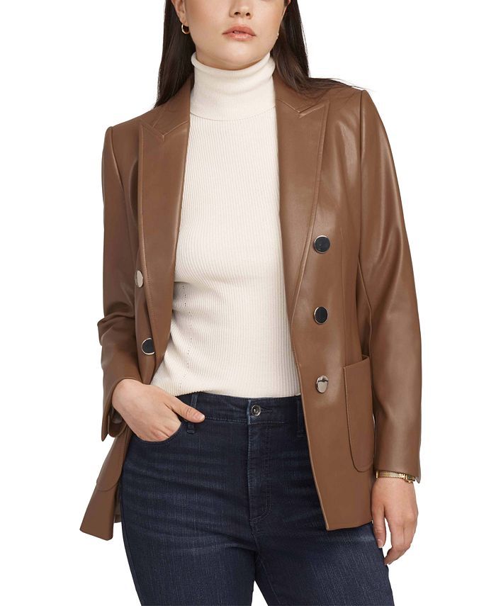 Anne Klein Women's Notched Collar Faux Leather Blazer & Reviews - Jackets & Blazers - Women - Mac... | Macys (US)