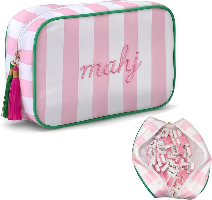 American Mahjong Tile Bag for 166 Tiles (1.2") – Pink Striped Embroidered “mahj” Storage Ca... | Amazon (US)