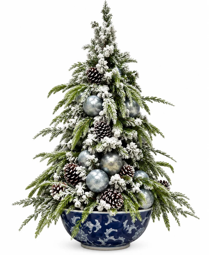 Flocked Holiday Tree in Navy Porcelain Bowl | The Enchanted Home