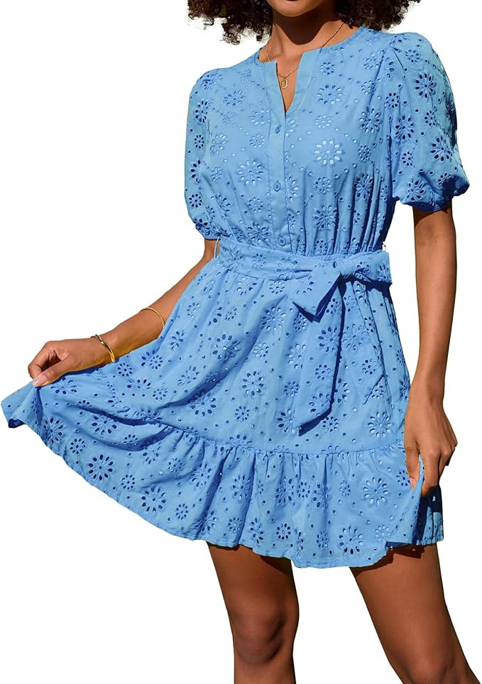 GRACE KARIN Womens Eyelet Vacation Dress Summer Casual A-line Mini Sundress Puff Sleeve Tie V Nec... | Amazon (US)