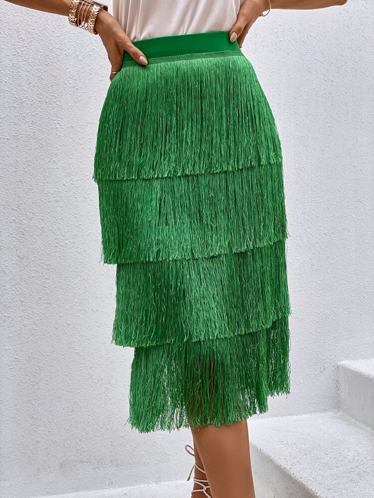 Solid Fringe Layered Hem Skirt | SHEIN