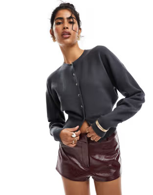 ASOS DESIGN crew neck cardigan with rib hem detail in charcoal | ASOS (Global)