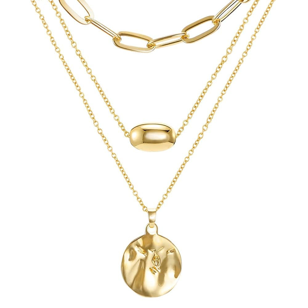 FAMARINE Gold Layered Pendant Long Necklace, 3 Layer Choker Necklace Chain Pendant Costume Jewelr... | Amazon (US)