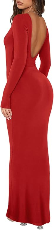 REORIA Womens Sexy V Backless Soft Lounge Long Dress Fall Casual Boat Neck Long Sleeve Ribbed Bod... | Amazon (US)