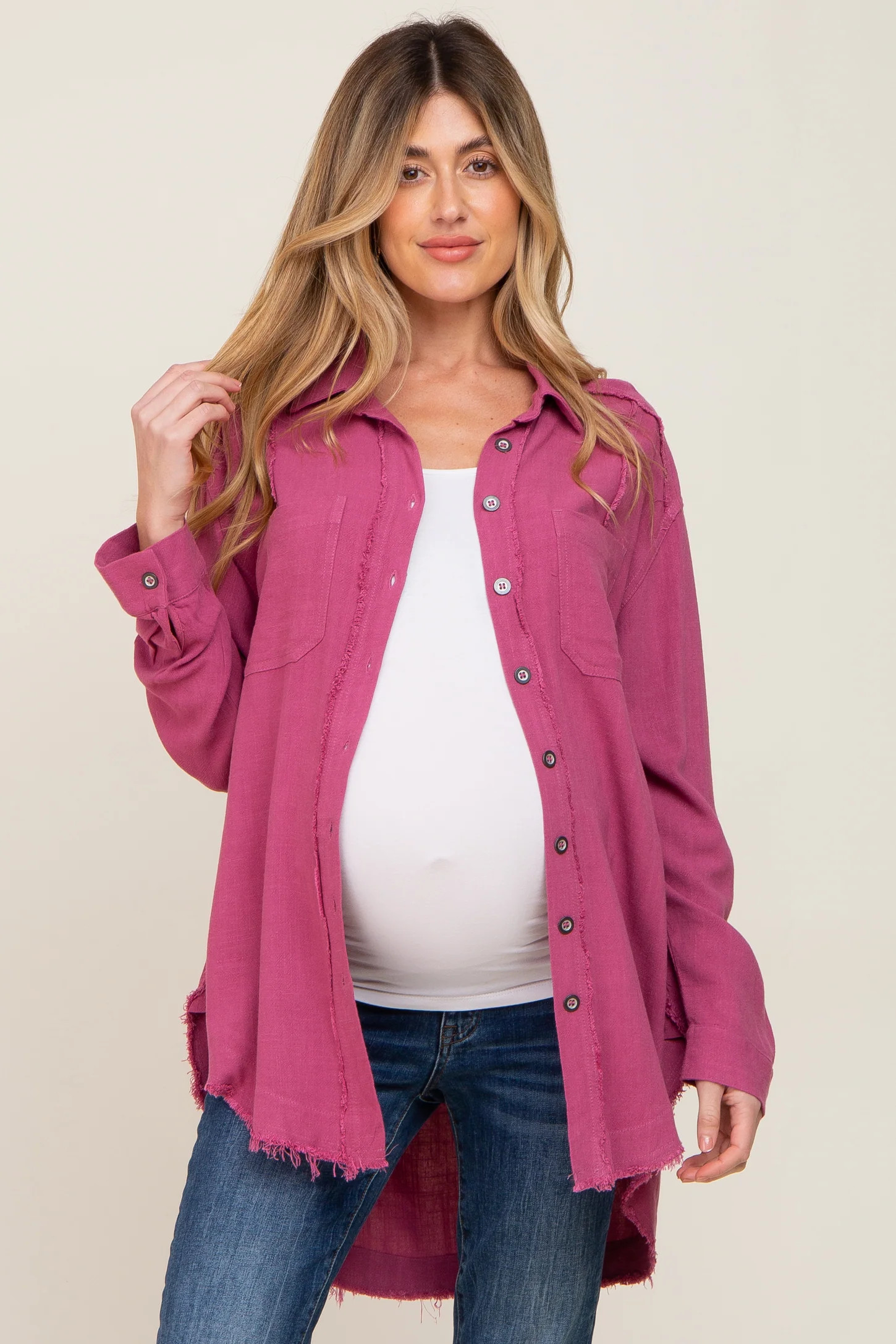 Magenta Linen Fringe Button Down Maternity Top | PinkBlush Maternity