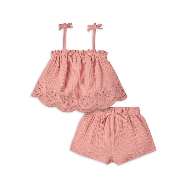 Modern Moments by Gerber Toddler Girl Eyelet Trim Gauze Top and Shorts Set, 2-Piece, Sizes 12M-5T | Walmart (US)