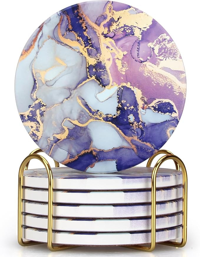 Purple Agate Coasters with Holder Absorbent Drink Coaster Set of 6 Modern Marble Coasters Unique ... | Amazon (US)