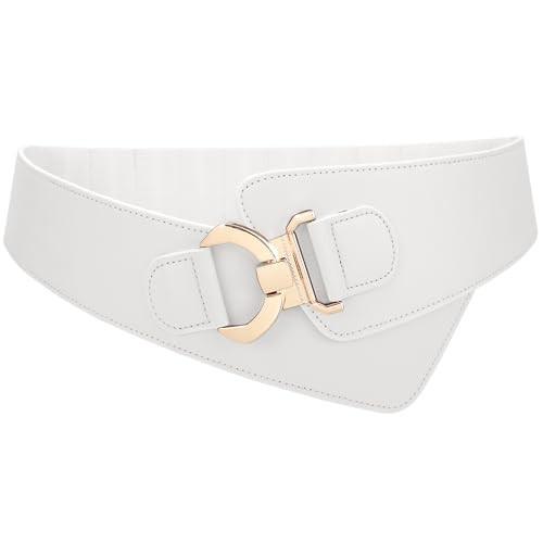 JASGOOD Women's Fashion Vintage Wide Elastic Stretch Waist Belt with Gold Interlock Buckle Belt,White | Amazon (US)