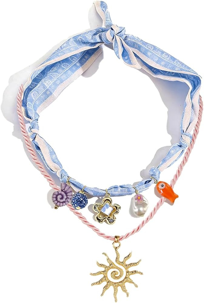 2Pcs Scarf Necklace with Charm Fish Conch Flower Pendants Charm Layered Necklaces Scarf Boho Summer Beach Jewelry Gift for Women | Amazon (US)