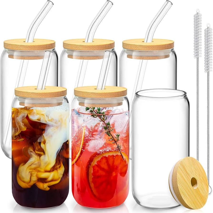 6 Pcs Drinking Glasses with Bamboo Lids and Glass Straw - 16 Oz Can Shaped Glass Cups Beer Glasse... | Amazon (US)