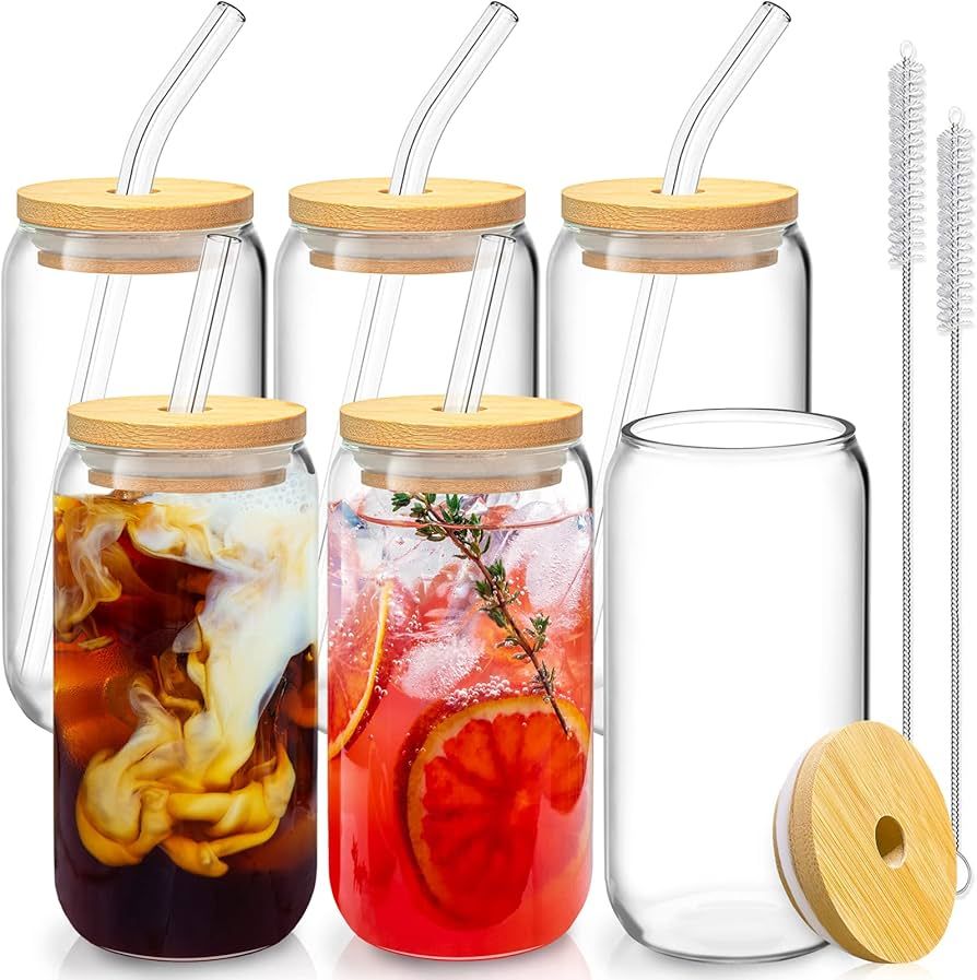 6 Pcs Drinking Glasses with Bamboo Lids and Glass Straw - 16 Oz Can Shaped Glass Cups Beer Glasses I | Amazon (US)