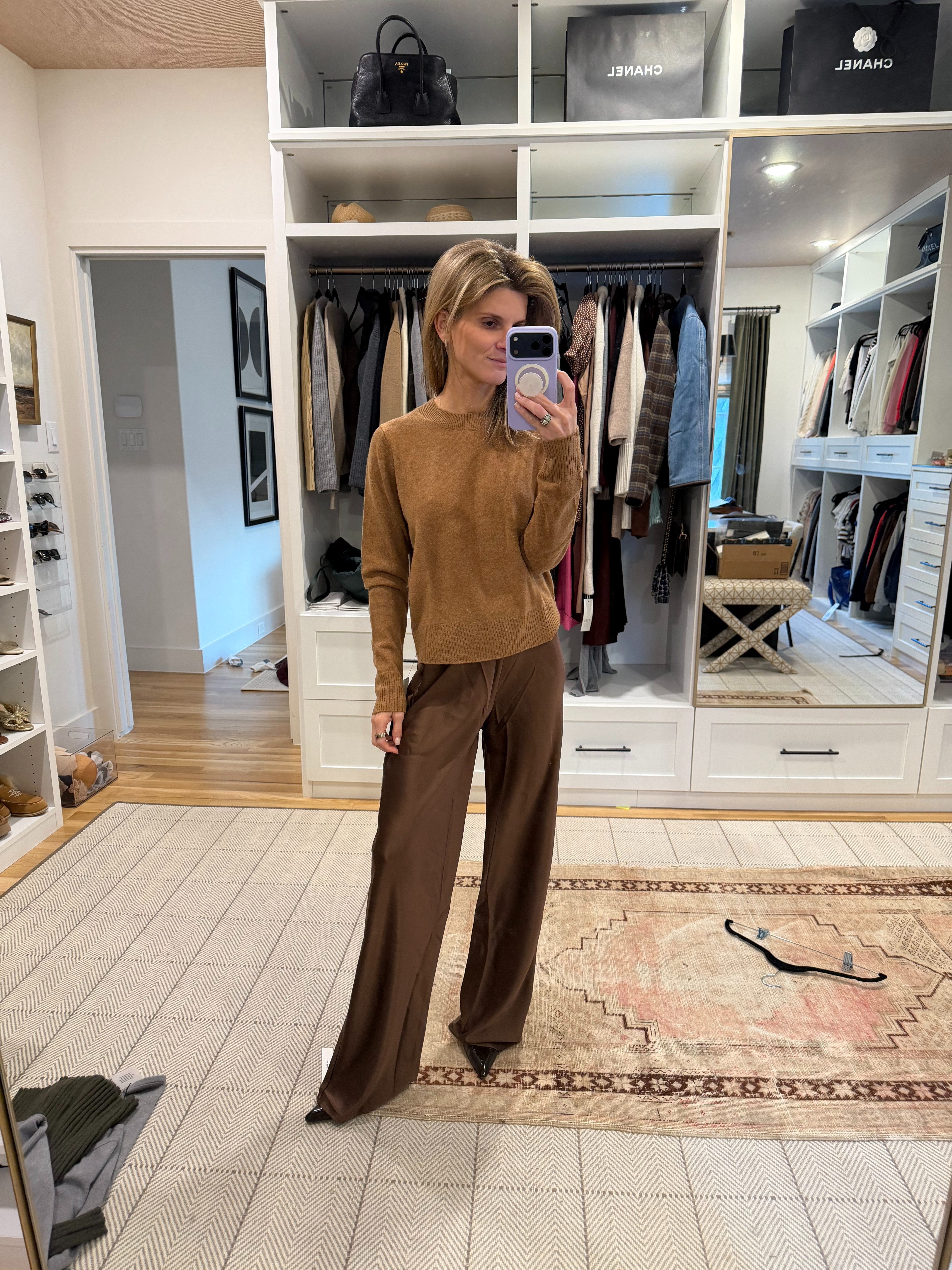 Reformation satin pull on pants and camel cashmere crew (wearing XS in both) 

 