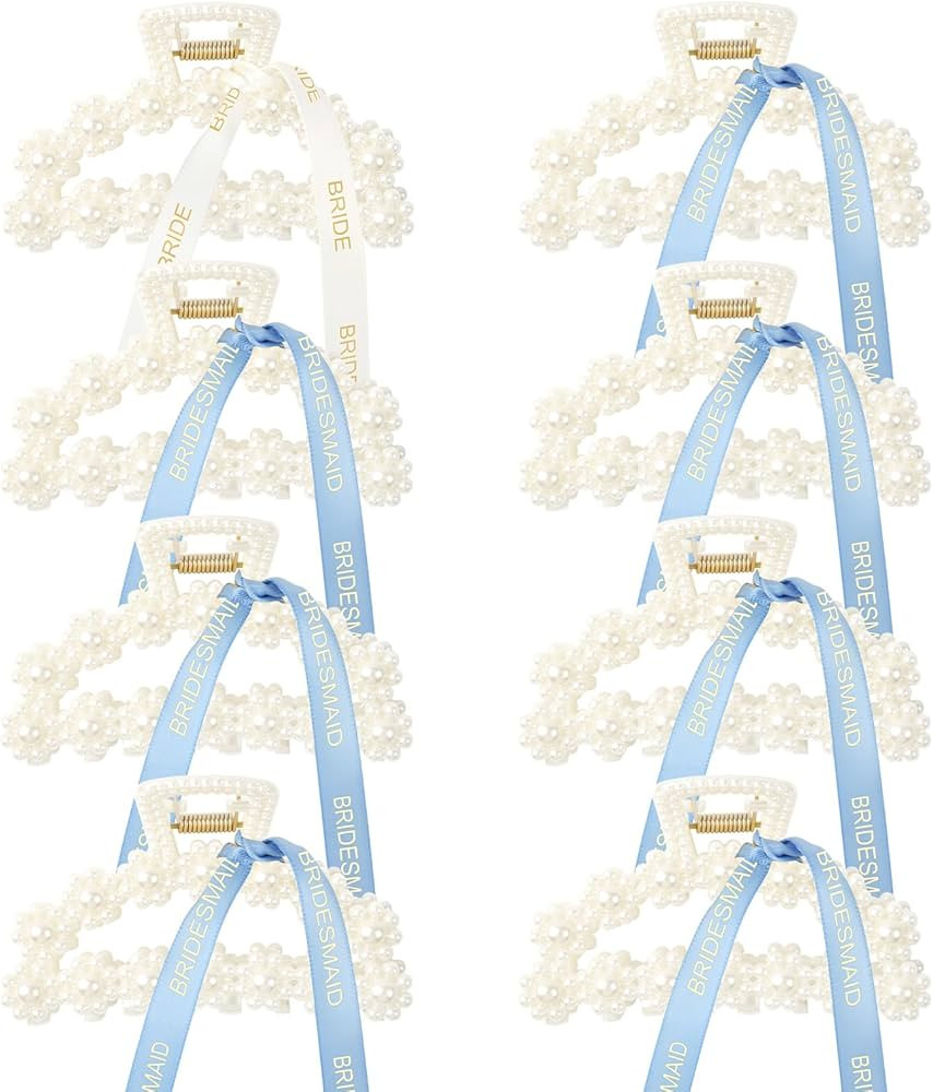 DEEKA Bridesmaid Proposal Gifts 8 Pack Pearl Bridesmaid Hair Claw Clips with Ribbon 3 Inch Hair C... | Amazon (US)